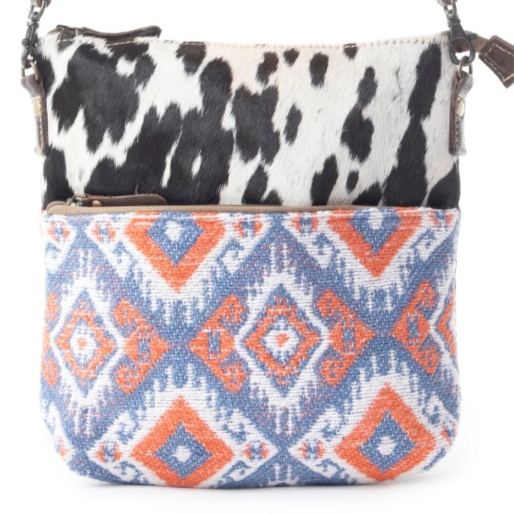 Myra Bag Cotton, Hair On Leather & Canvas "Blue Corals" Small Crossbody Bag New